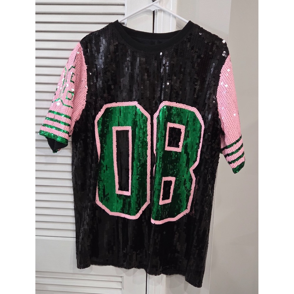 Womens AKA Black Sequin Jersey Pink & Green Striped Sleeves Number 8 Size L